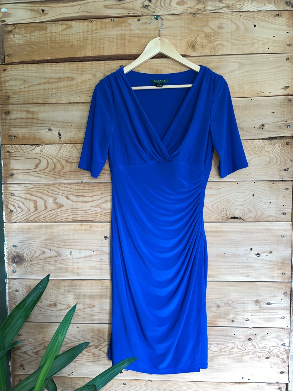 Lauren by Ralph Lauren Royal Blue V-Neck Ruched Midi Dress